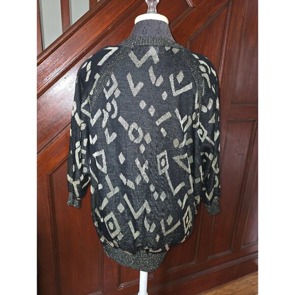 Sharon Anthony Geometric Pattern Sweater Lurex Metallic Black & Gold Batwing 22w - Picture 3 of 9